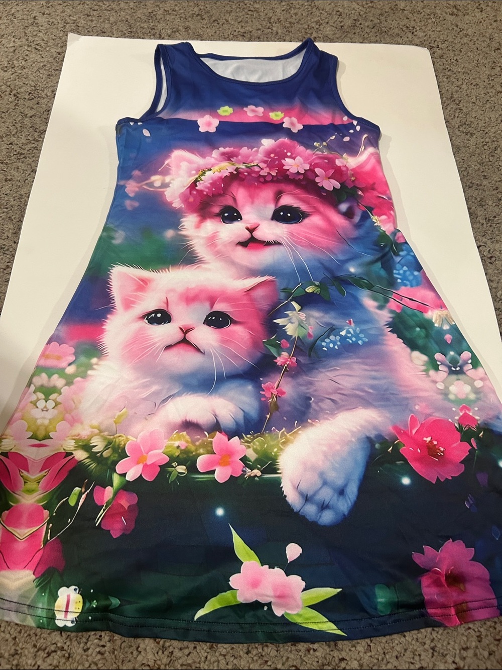 Girls' Sleeveless Pink & Blue Kitty Floral Casual Dress